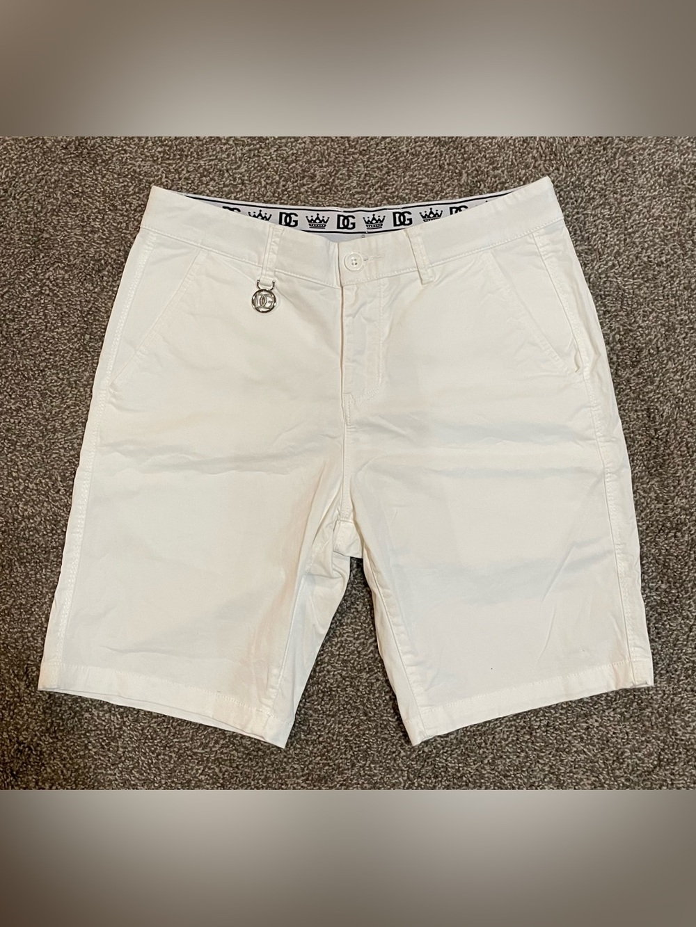 Dolce & Gabbana Men's White Flat-Front Cotton Shorts With Silver Logo Pendant